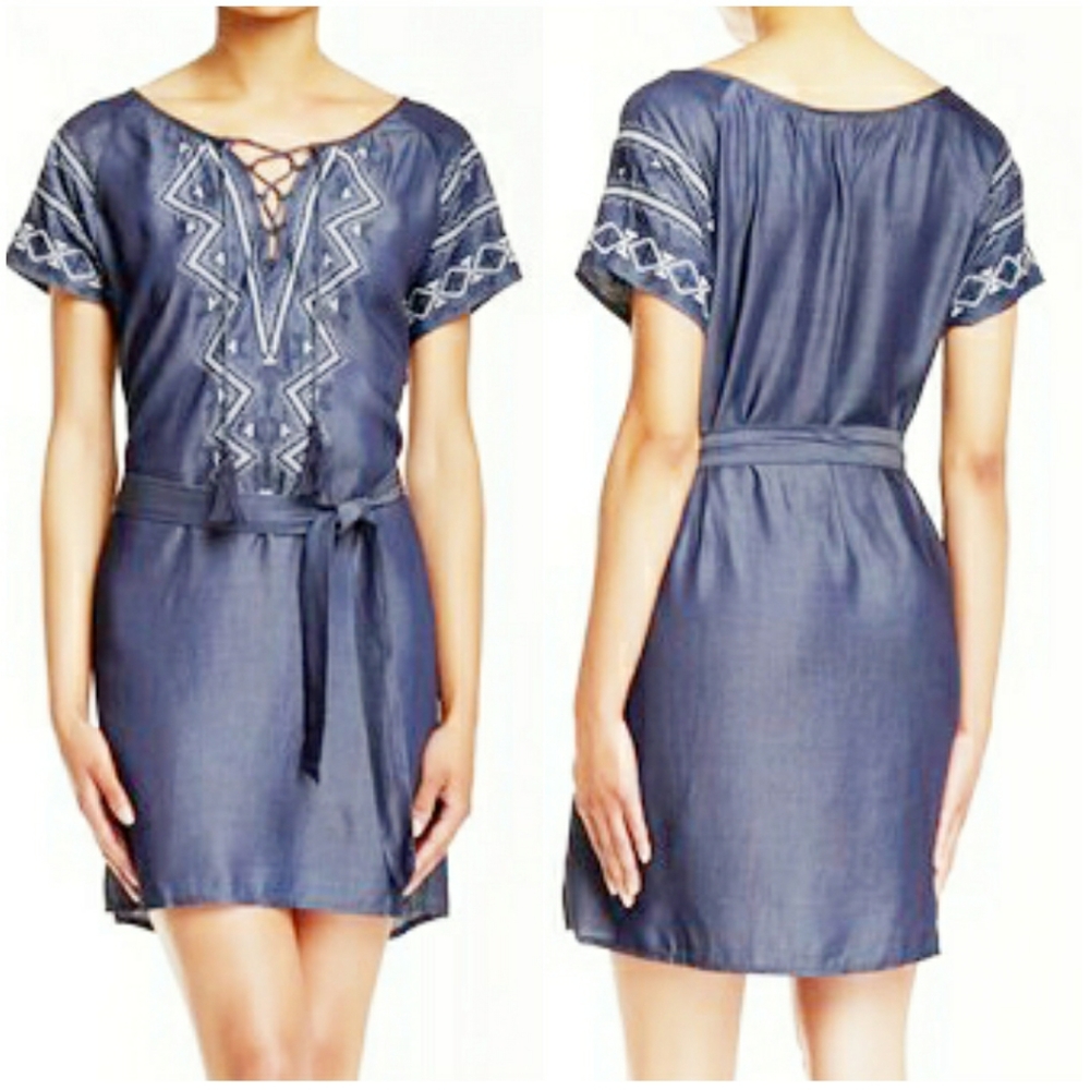 LUSH | Embroidered Lace-Up Chambray Dress